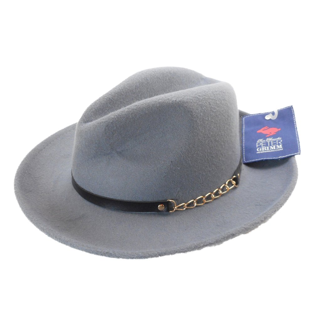 Nwt Peter Grimm One Size Fedora Hat Classic Wide Brim Gray Felt Belt Chain